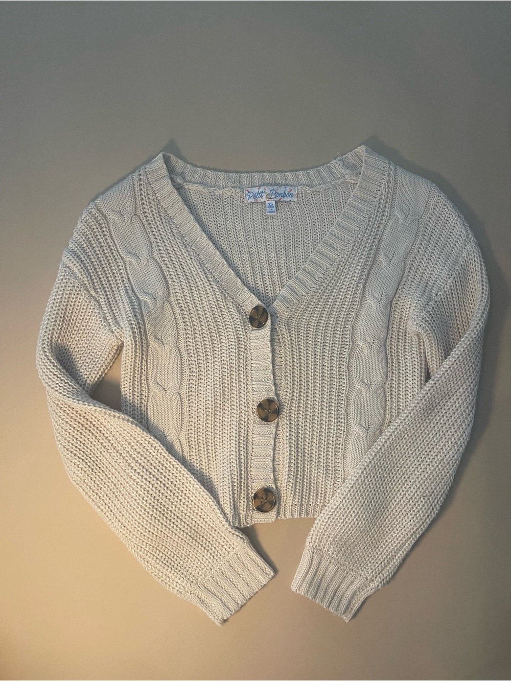 Cropped Cream Cable-Knit V-Neck Cardigan